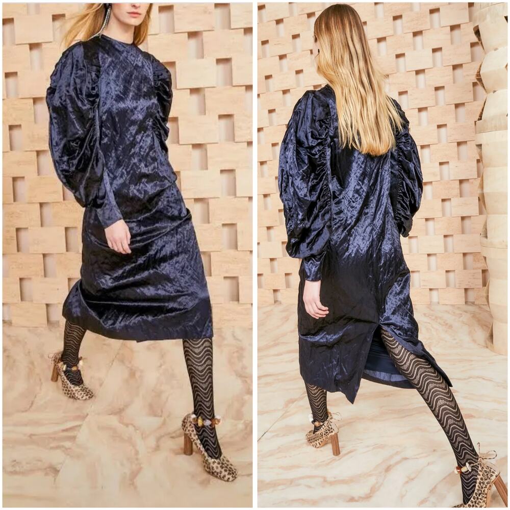 Ulla Johnson Antonia Puff-Sleeve Crushed Satin Midi Dress Sapphire Size 0 - Picture 1 of 10